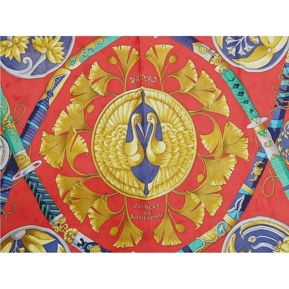 Hermes Vibrant Red and Blue Scarf with Gold Details - Picture 4 of 12